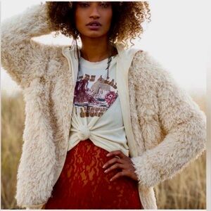 Mia JOY by Joyfolie Okalla Hooded Faur Fur Open Front Sweater in Natural, XS NWT